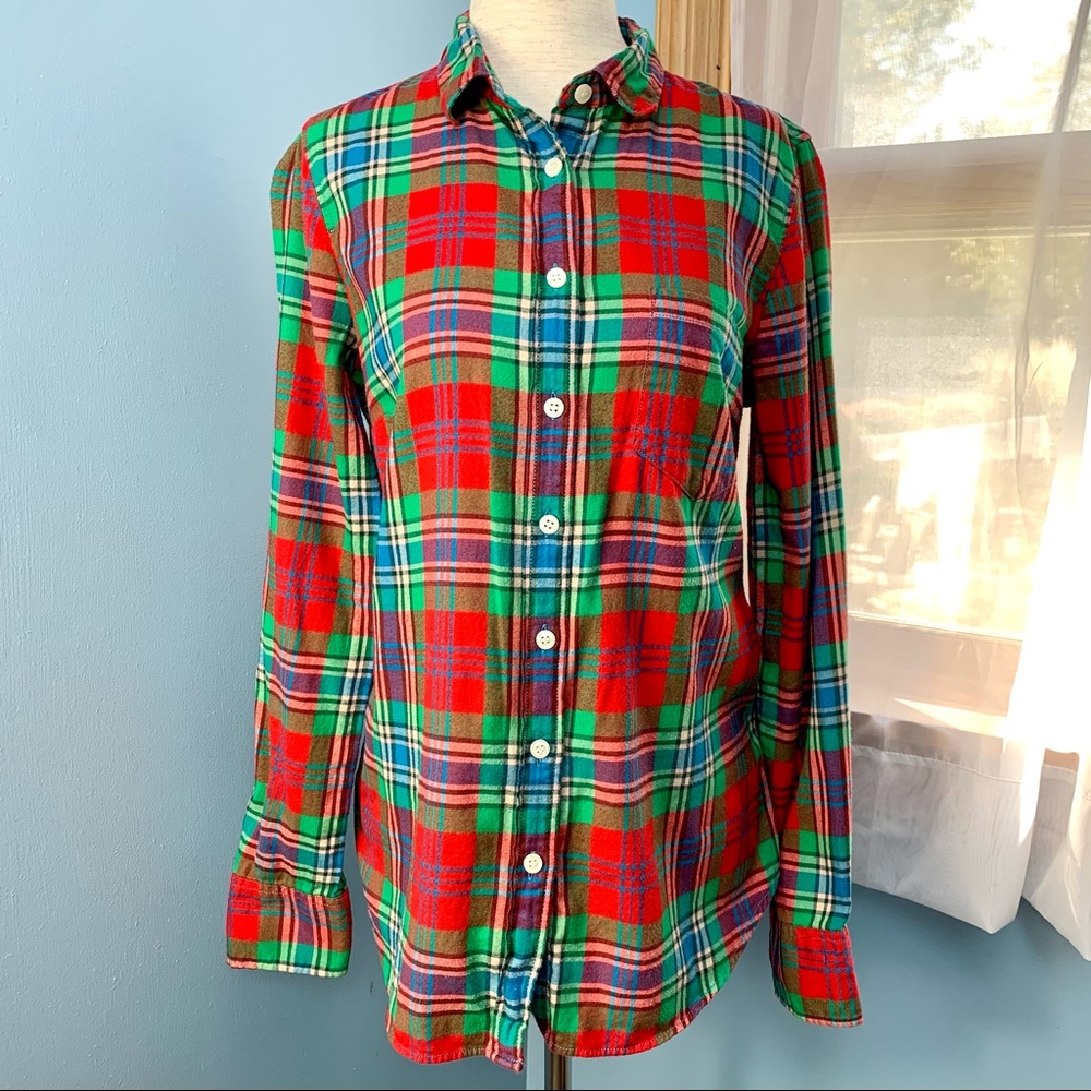 J. Crew Perfect Fit Red & Green Plaid Flannel Button Down
